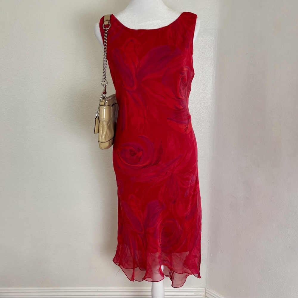 Megan Matthews Red Floral Sheer Overlay Midi Dress Size 10